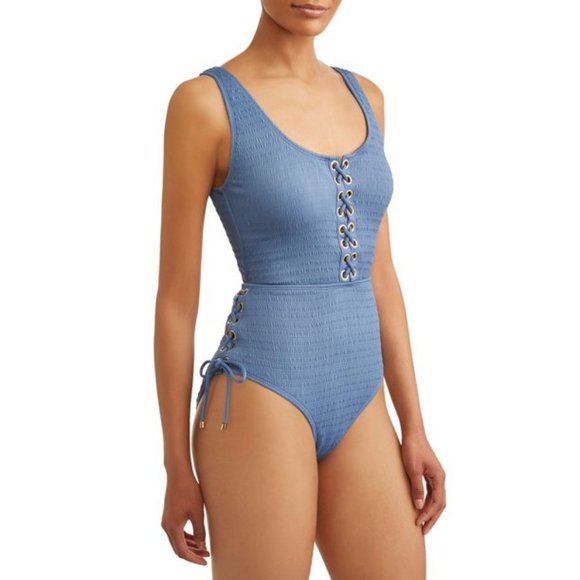 Time & Tru | Textured Lace Up One-piece Swimsuit - Picture 8 of 9
